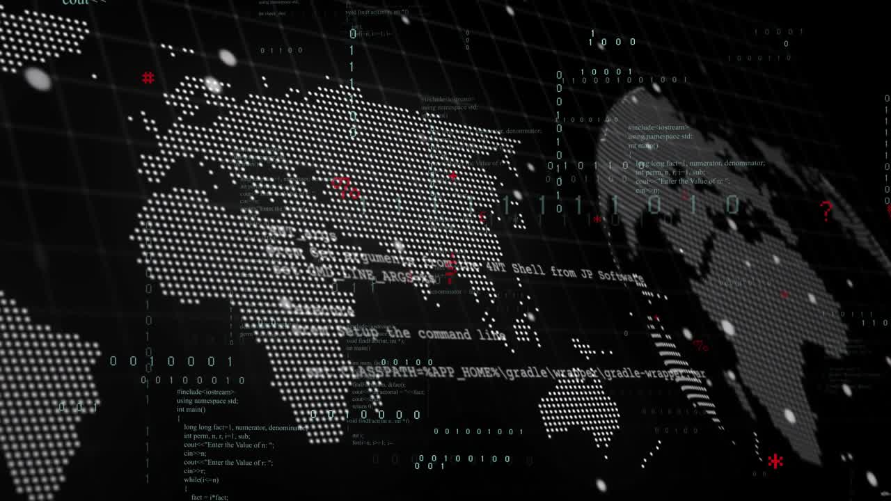 Opening dotted world map on grid, panning right streaming code pulsing bits visualizing network