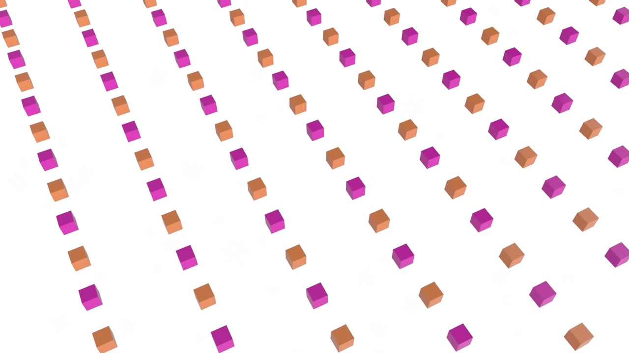 Animation of purple and orange colored cubes floating against white background