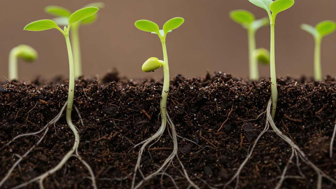 The Transformation of Seedlings: A Close-Up Look at Germination and Growth in Soil, Highlighting the Roots and Sprouts of Young Plants
