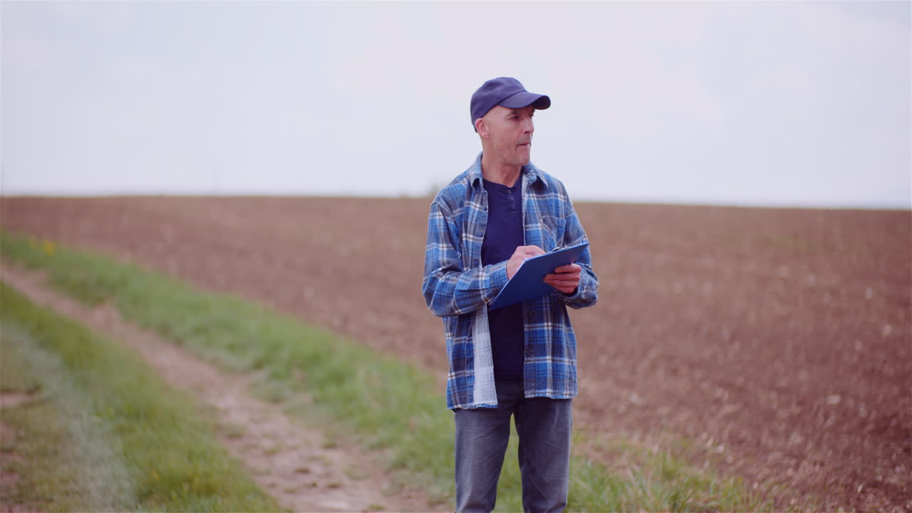 Landwirt inspiziert Ackerfeld und macht Notizen auf Klemmbrett