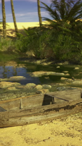 wooden boat resting near tranquil oasis surrounded by palm trees in dessert