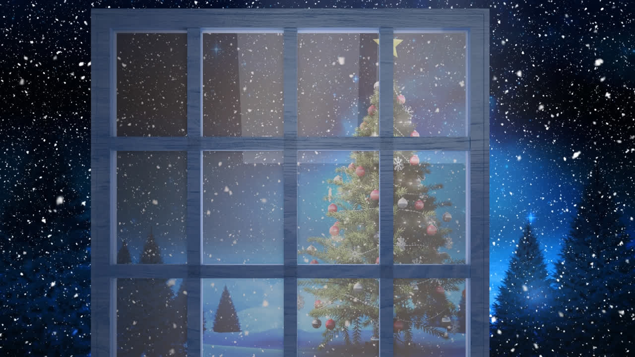 Animation of snow falling over christmas tree in winter scenery seen through window
