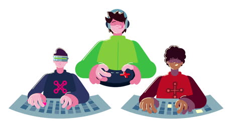 young male gamers using control and keyboards