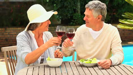 Älteres-Paar-Klirrt-Im-Garten-Mit-Seinen-Gläsern-Rotwein