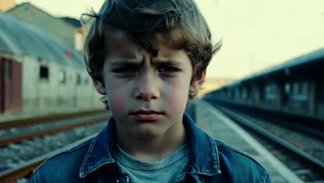 a sad boy looking at the camera at a train station