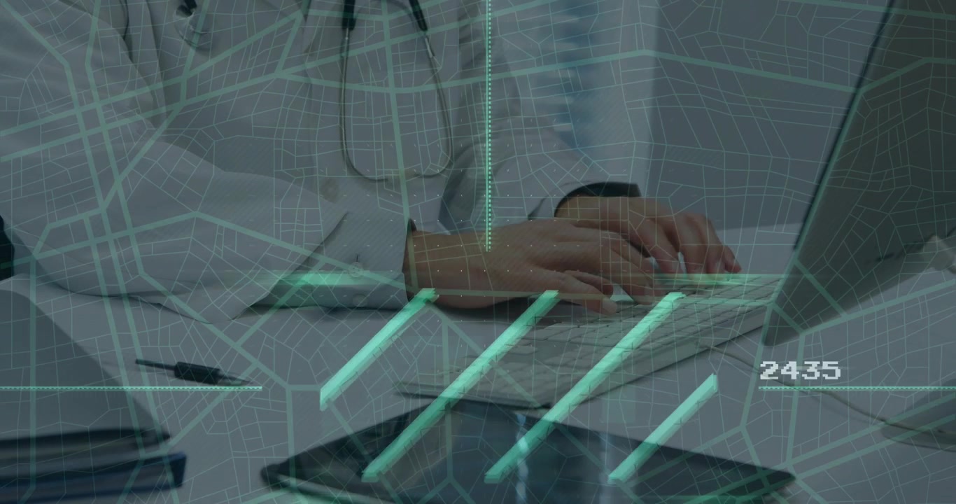 Adult male doctor white coat wearing stethoscope typing on laptop at desk tablet overlay shifting