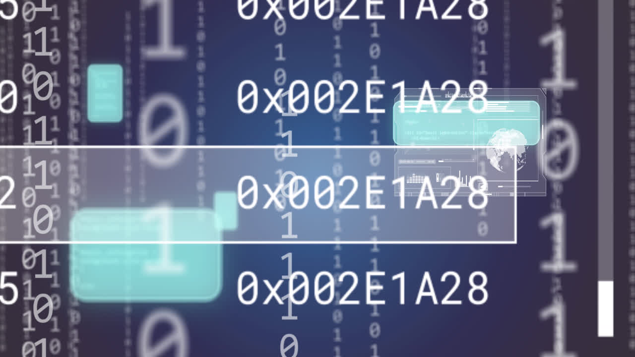 Animation of digital icons, binary coding and data processing
