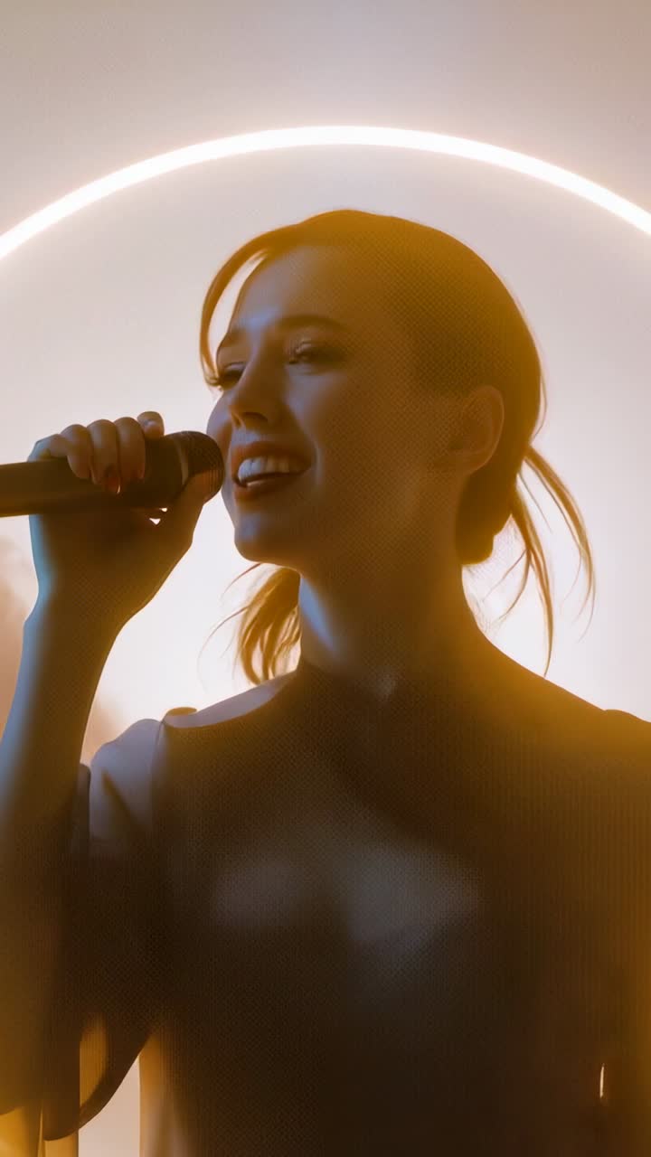 Vertical video: Bringing microphone to lips, female vocalist singing center stage under neon ring