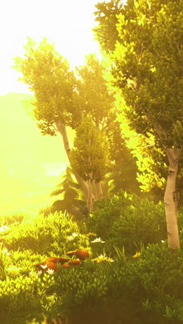 Vibrant sunlight filters through lush trees in a serene forest landscape