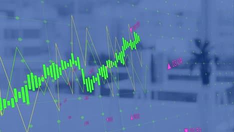 Animation-of-data-processing-over-grid-network-against-empty-office