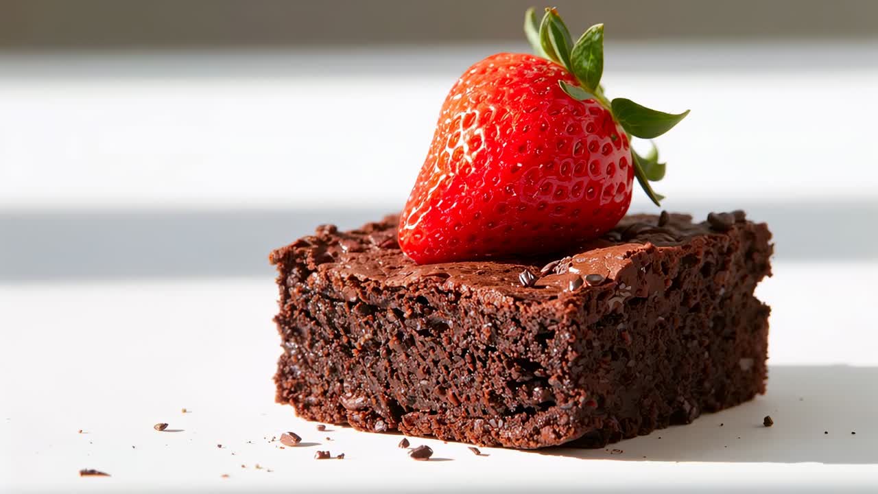 Avvicinando la camera, un brownie quadrato con fragola rivela la texture e il contrasto su un piatto bianco