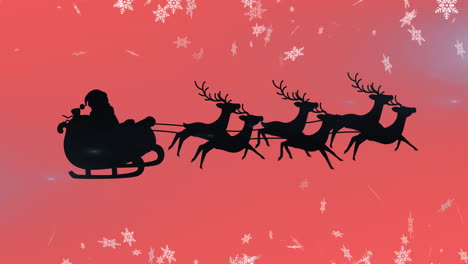 animation of santa claus in sleigh with reindeer over snow falling on red background