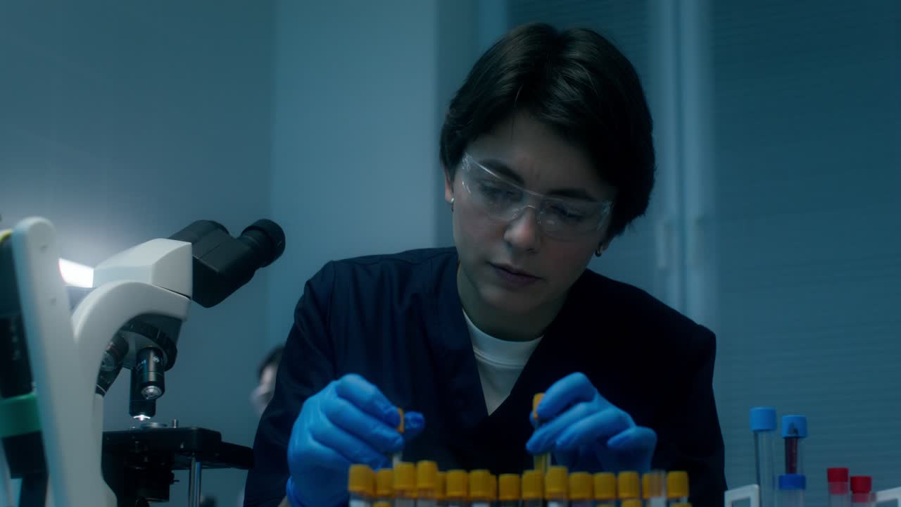 técnico de laboratorio que trabaja con muestras y tubos de ensayo