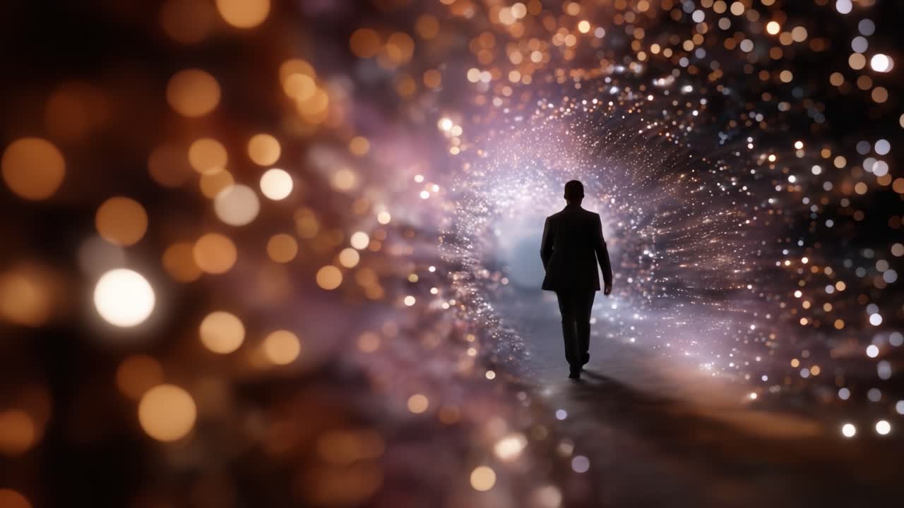 Un viaggio attraverso un tunnel cosmico di luce e colore: una silhouette di una figura che cammina verso l'ignoto in uno sfondo vivido di stelle e scintille
