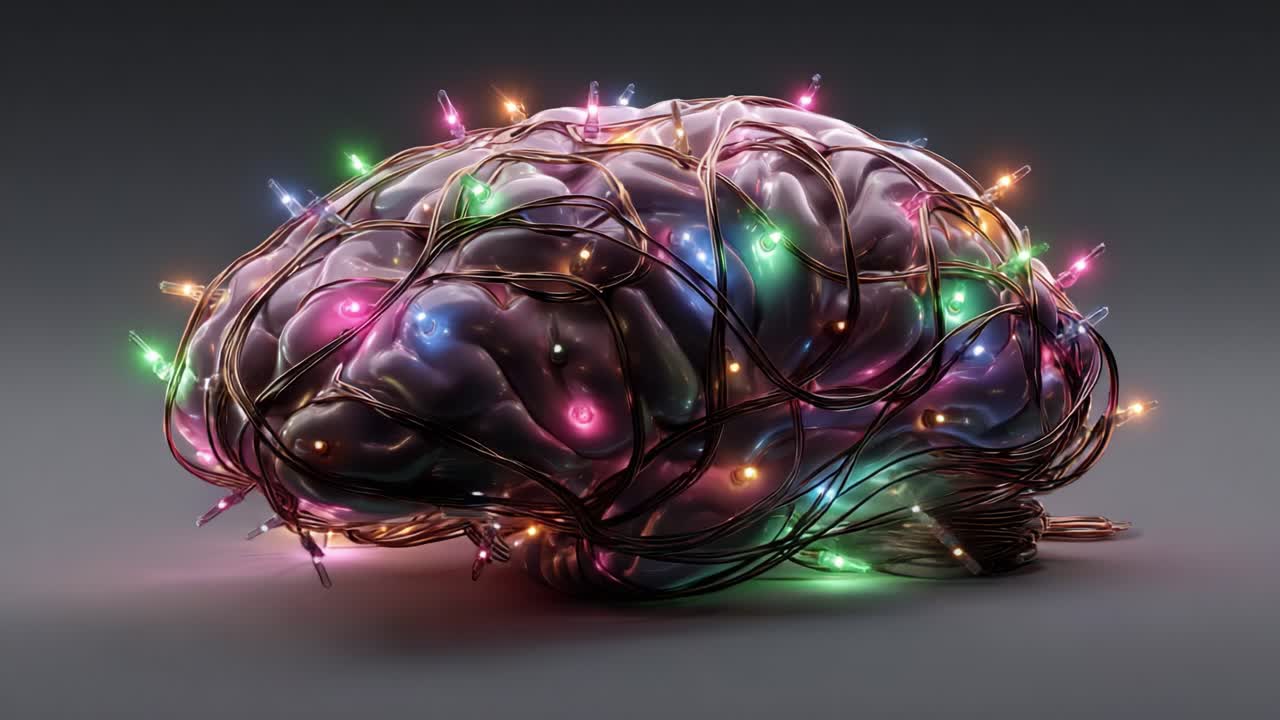Živý mozek zdobený barevnými světly: Oslava kreativity a fantazie prostřednictvím uměleckého ztvárnění lidských myšlenek a nápadů