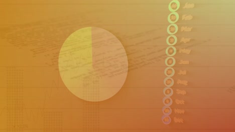 animación de gráficos y nombres de meses en círculos sobre el lenguaje informático en segundo plano