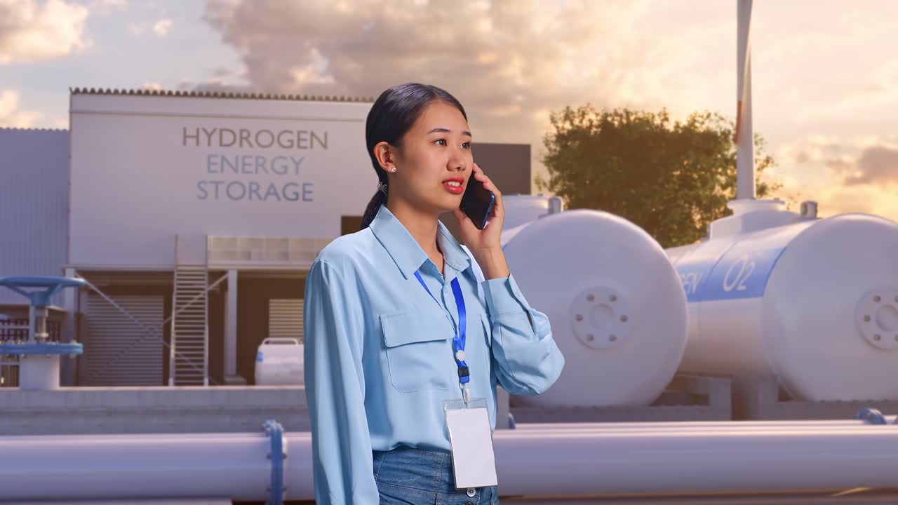 아시아 여성 전문 노동자가 녹색 수소 공장, 하이테크 산업 시설에 서서, 그녀는 전화를 들고 끔한 미소로 그것을 쳐다보기 시작했습니다.