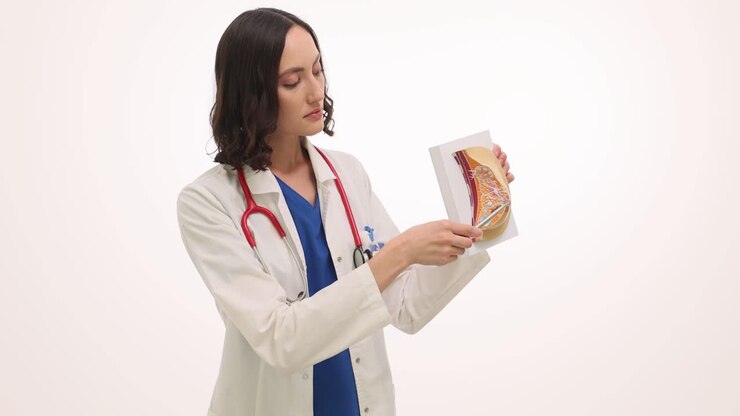 Female Doctor Explaining Breast Anatomy with a Medical Model