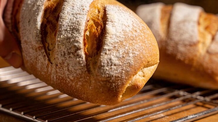 Reaching left hand touching rustic loaf on cooling rack over wood counter, lifting and checking jam