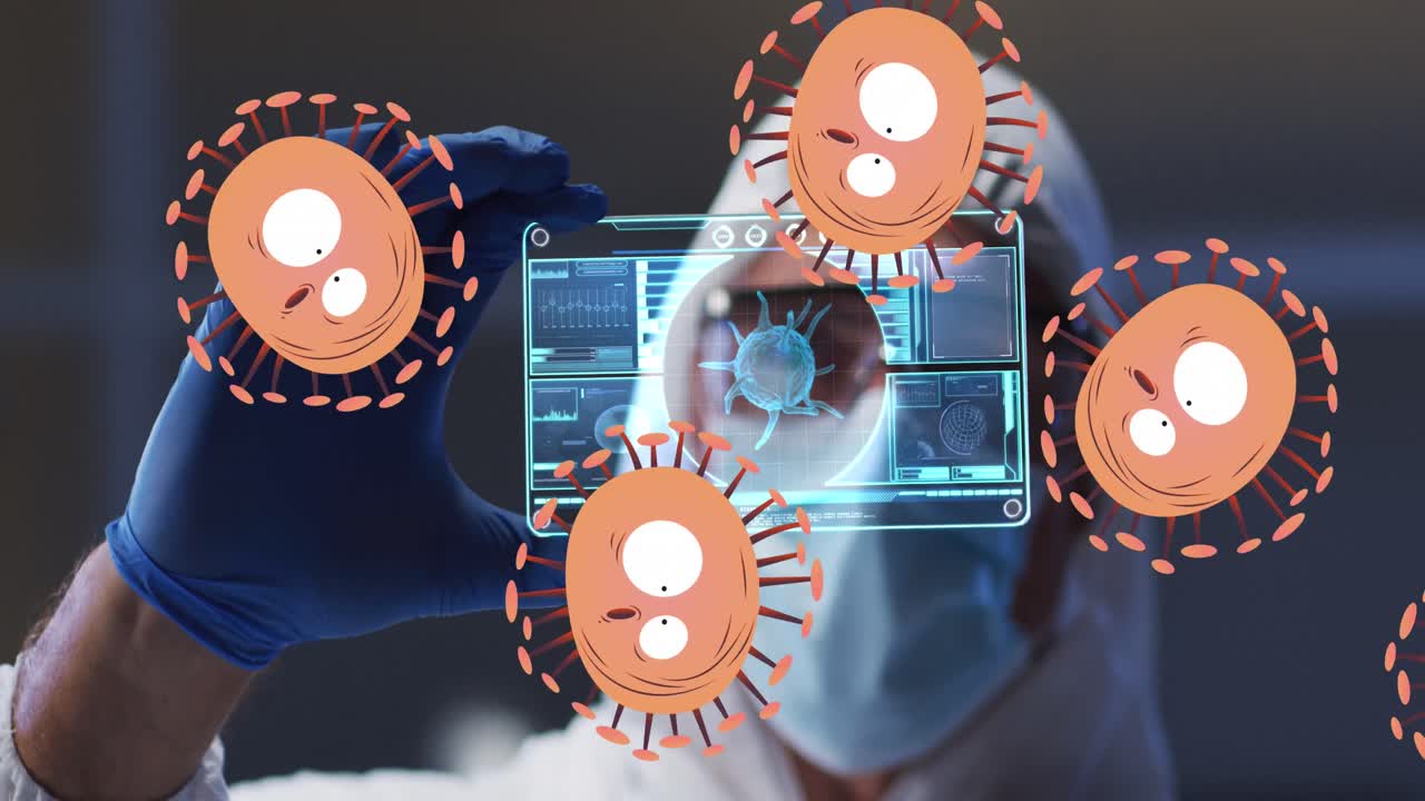 animación de células virales naranjas sobre un trabajador de laboratorio caucásico con tarjeta digital con datos de virus