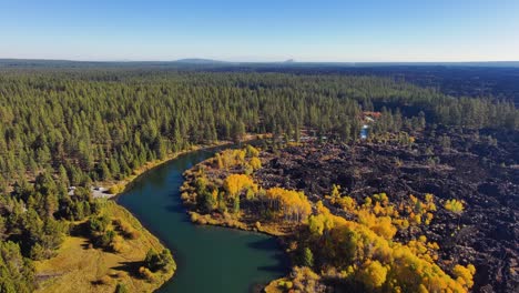 Aerial-wide-shot-of-blue-sky,-river,-fall-foliage-in-Bend-Oregon