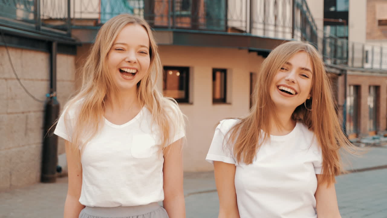 두 명의 행복한 여성들이 거리에서 고 있습니다.