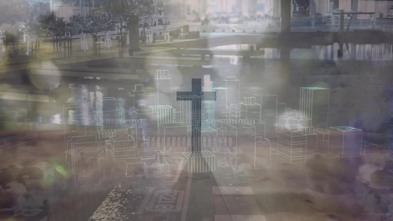 Animazione di croce e scheda di elaborazione su paesaggio urbano