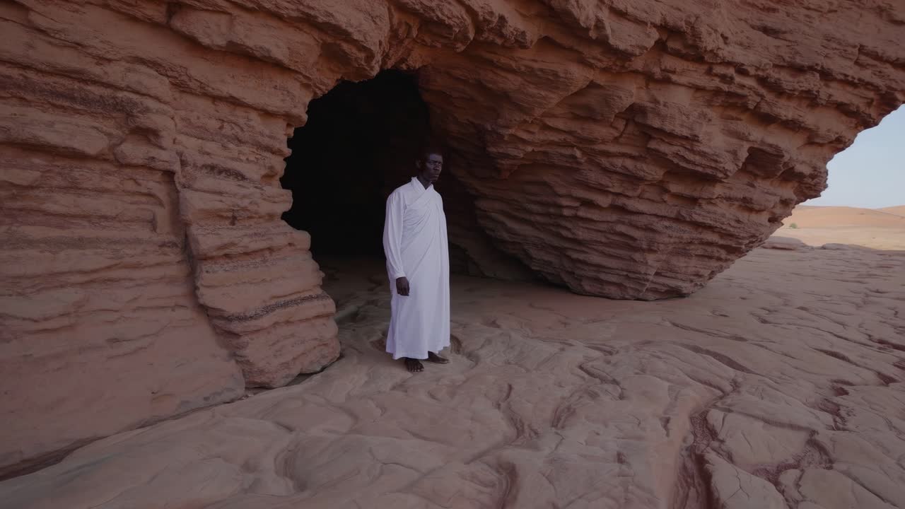 Individual in traditional attire stands near a rock formation, showcasing the natural beauty and textures of the desert landscape in a captivating motion sequence