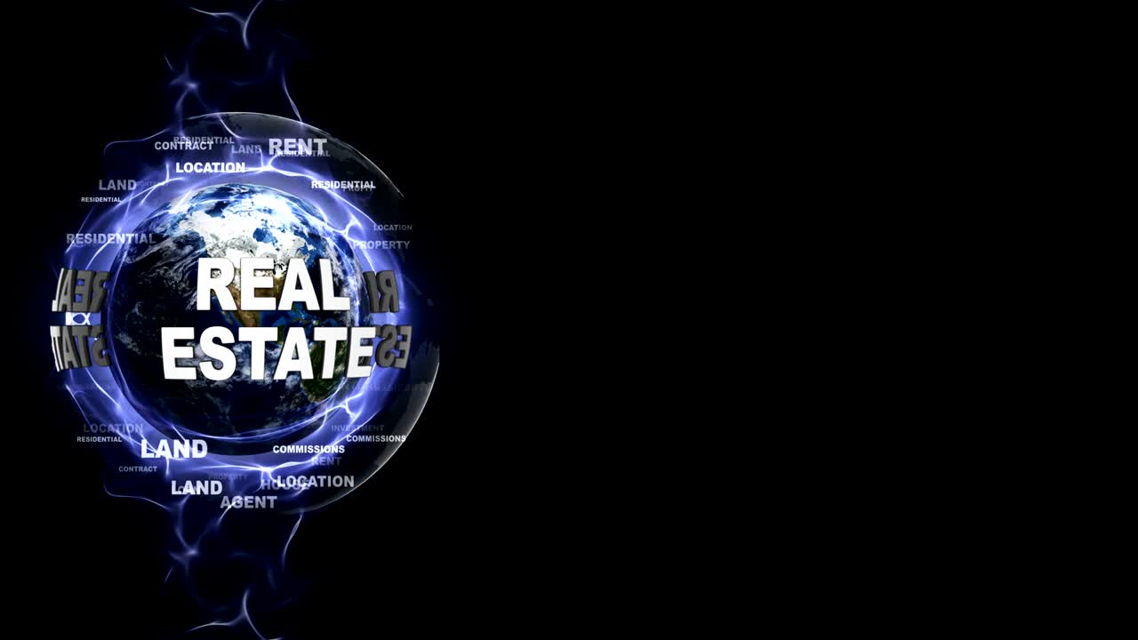 animación de texto de bienes raíces y tierra, renderización, fondo, bucle