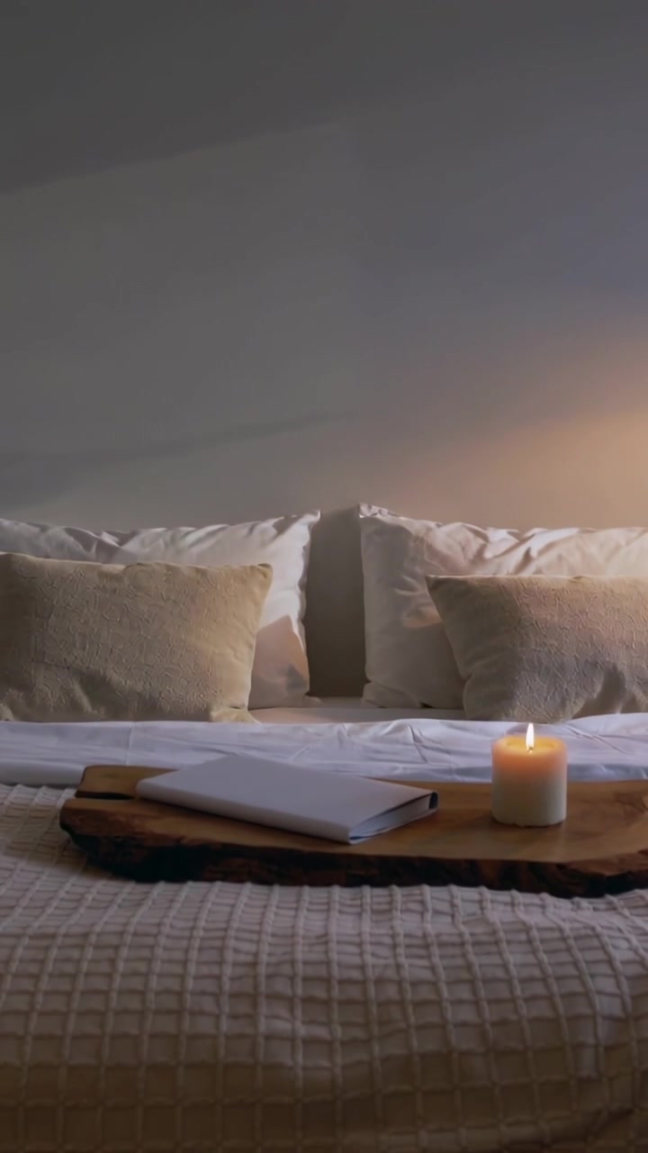 Vertical video: Moving camera capturing bed in bedroom, daylight fading while candle warming scene