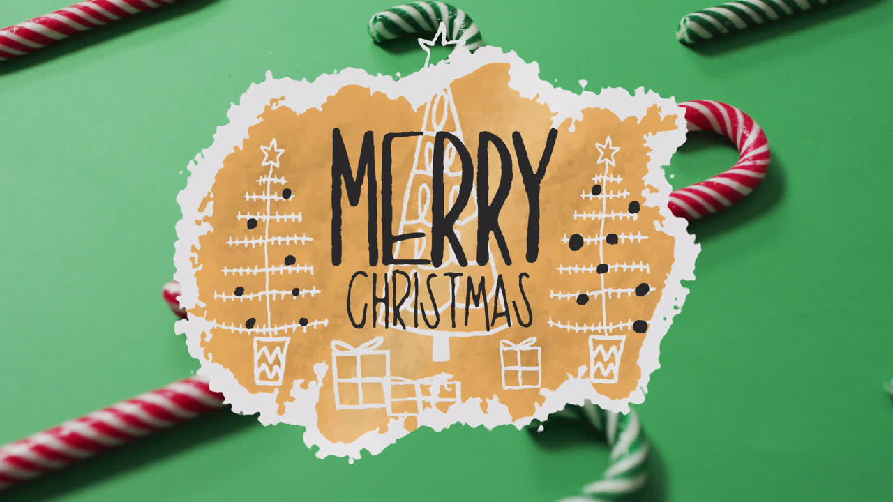 animación de texto de feliz navidad sobre caña de caramelo de navidad