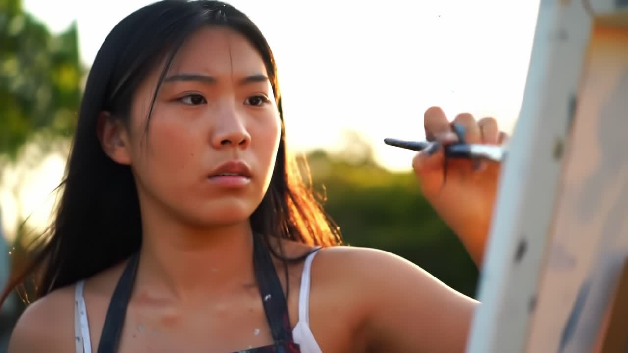 A Young Female Artist Vividly Expresses Her Creativity While Painting Outdoors, Capturing the Beauty of Nature in the Golden Hour Light