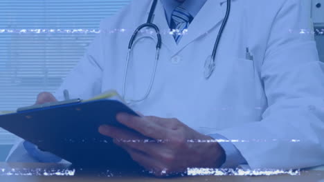 male doctor noting on clipboard at wooden desk in medical office, with animated glitch lines