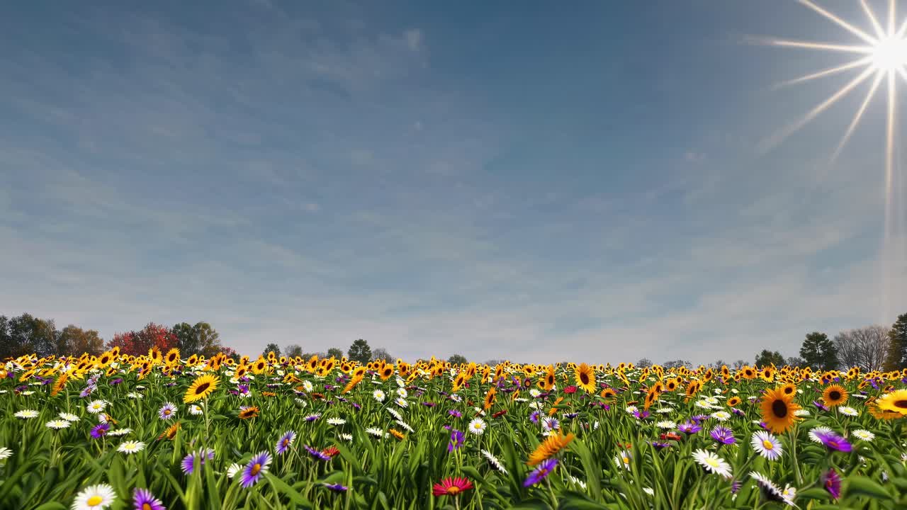 A cinematic video scene captures a low-angle view of a vibrant autumn landscape with red-leaved