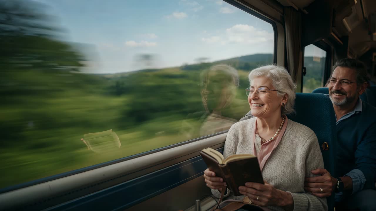 Passing fields, senior woman lifting gaze from book at train window, man touching arm, copy space