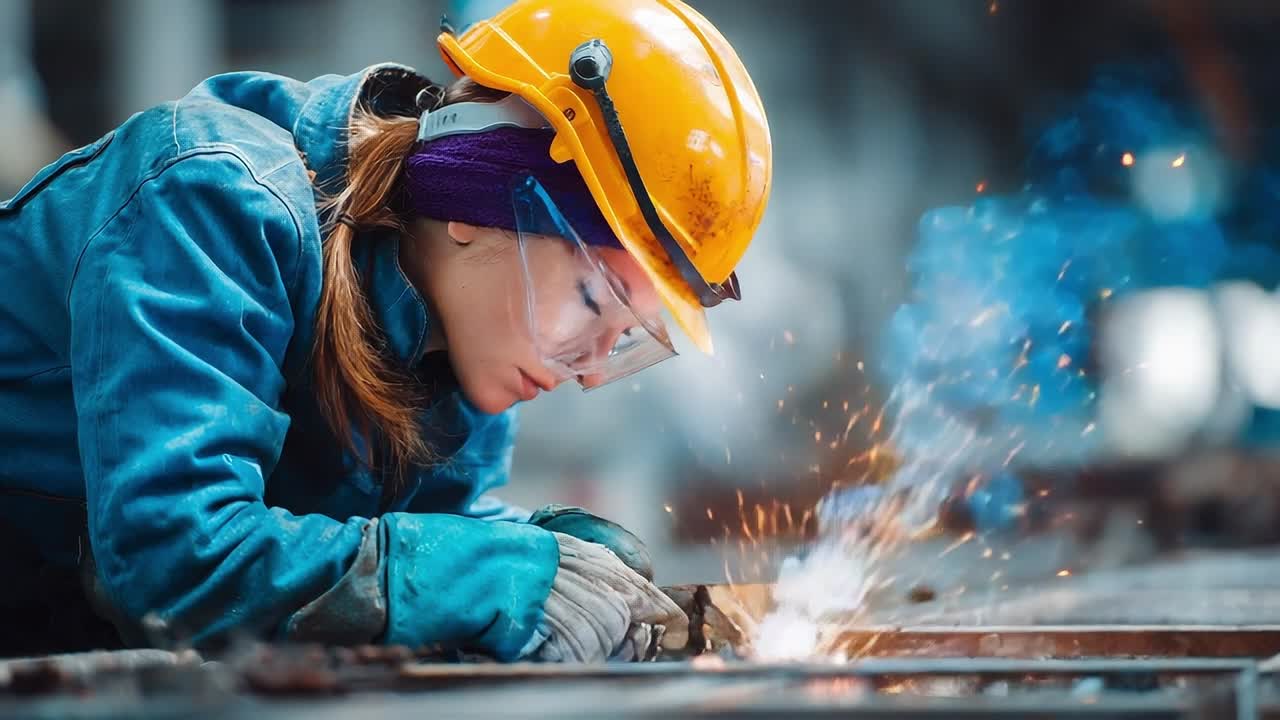 Woman welding in an industrial workshop during daytime