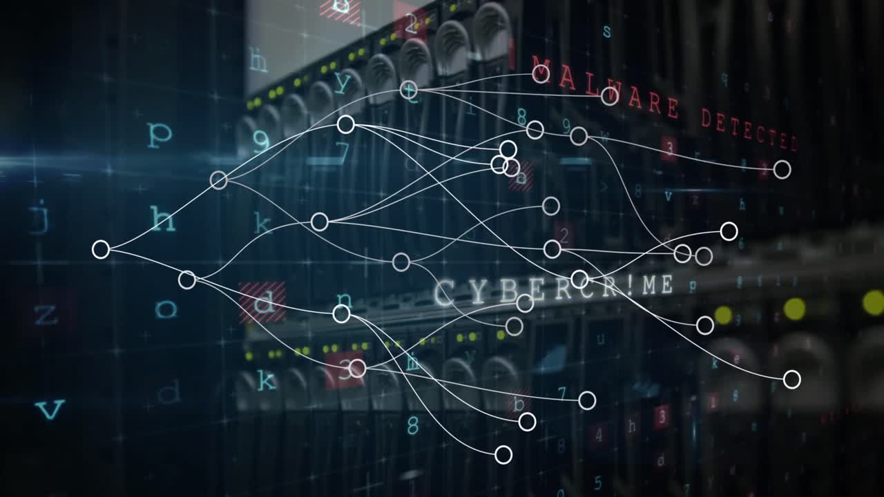 Animation of network of connections and cyberattack warning over server