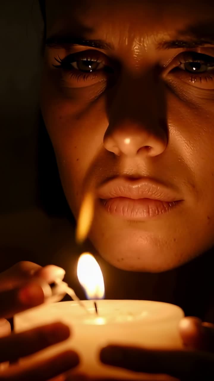 Vertical video: Lighting woman bringing match to wick in dim room, watching candle for calm focus
