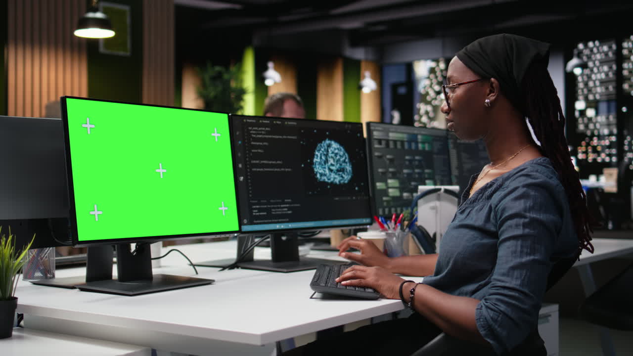 African American Woman Programmer Working on Computer with Green Screen
