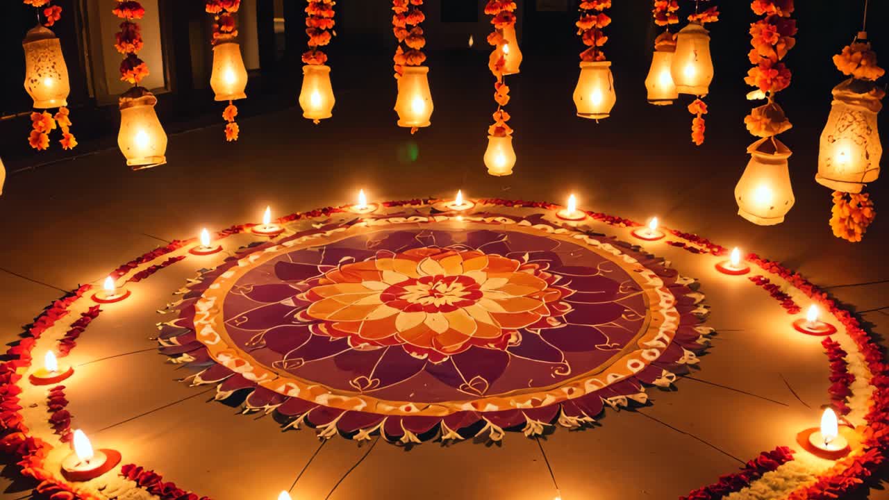 celebración de diwali con rangoli y lámparas