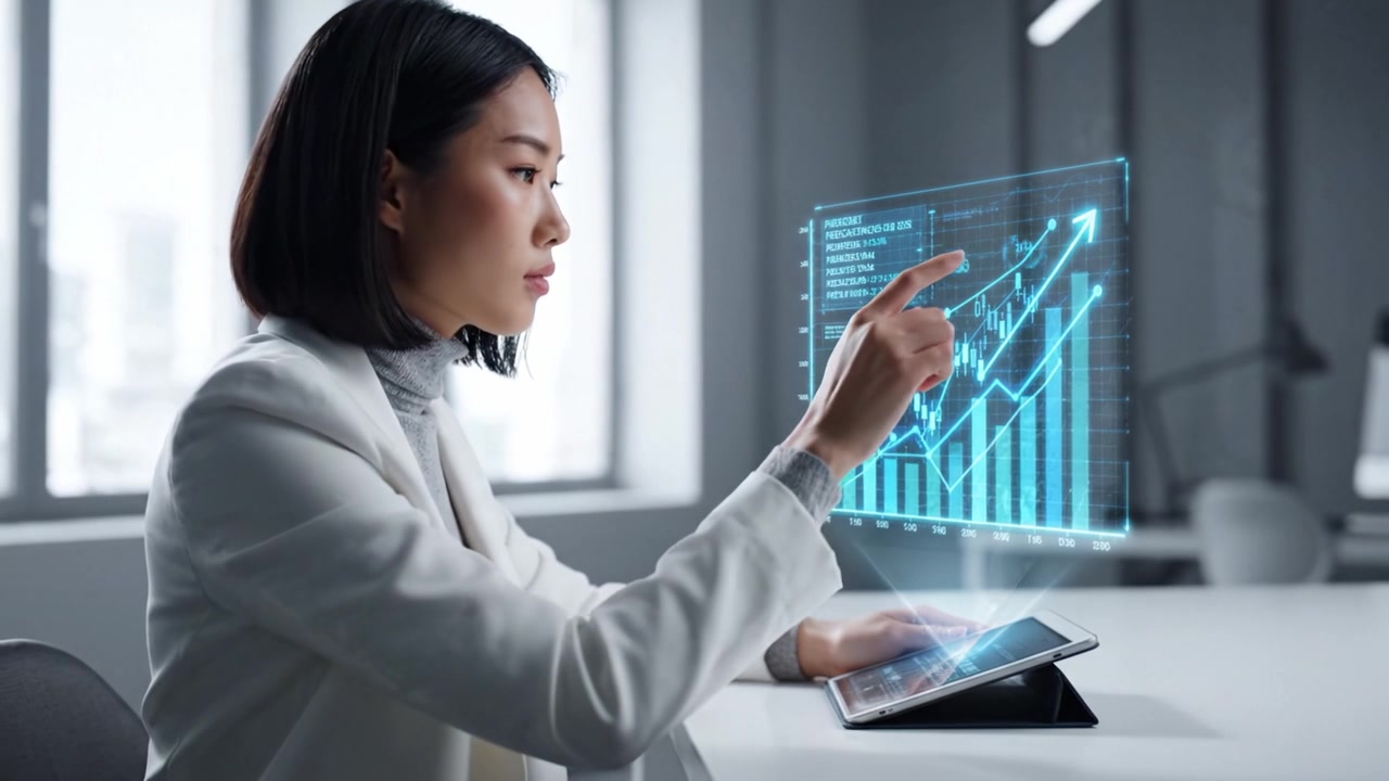 Focused Professional Analyzing Data on a Tablet in Modern Office Setting with Digital Graph Visualization Enhancing Productivity and Insightful Decision Making