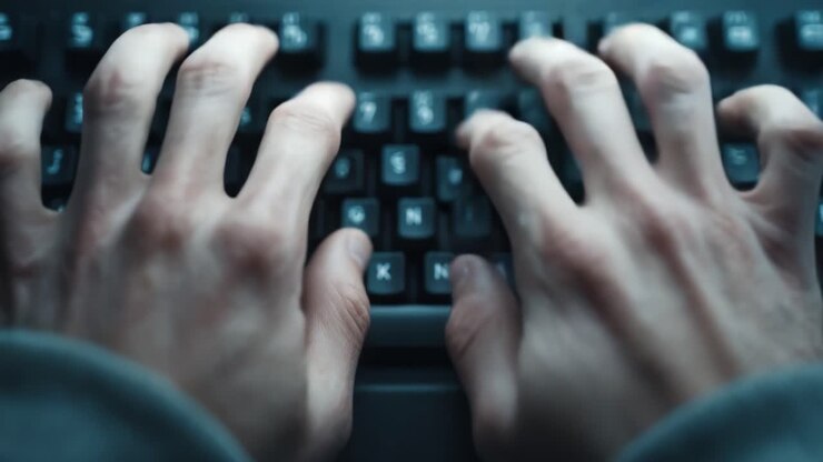 Close-Up of Hands Rapidly Typing on a Keyboard, Capturing the Intensity of Digital Communication and the Art of Writing in a Modern Environment