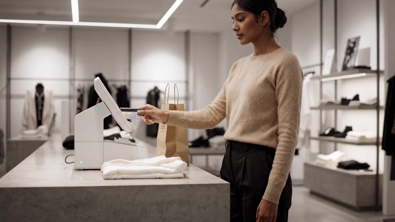 Una cliente si trova alla cassa, preparandosi a completare il suo acquisto, mentre è circondata da abiti e accessori alla moda in un moderno ambiente di negozio al dettaglio.