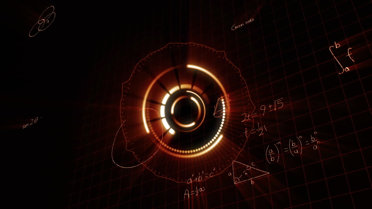 animación de fórmulas matemáticas rojas y formas que se mueven sobre un fondo negro