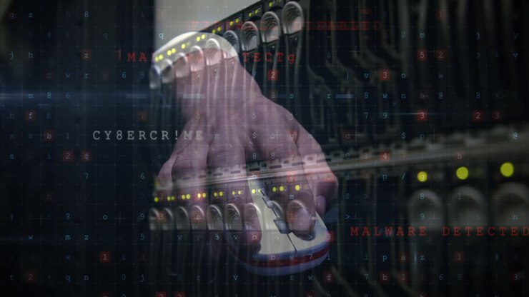 Animation of cyber attack warning over hand of caucasian man in server room