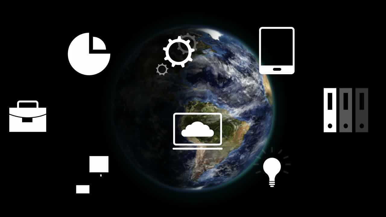 animación de iconos de negocios en todo el mundo sobre un fondo negro