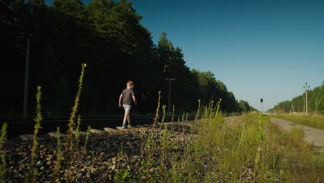 distant view of little boy strolling along rail track through peaceful countryside area surrounded by greenery, utility poles, and forest