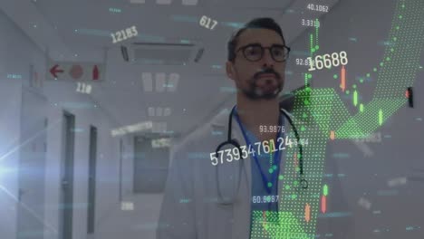 animación del procesamiento de datos financieros sobre un médico caucásico