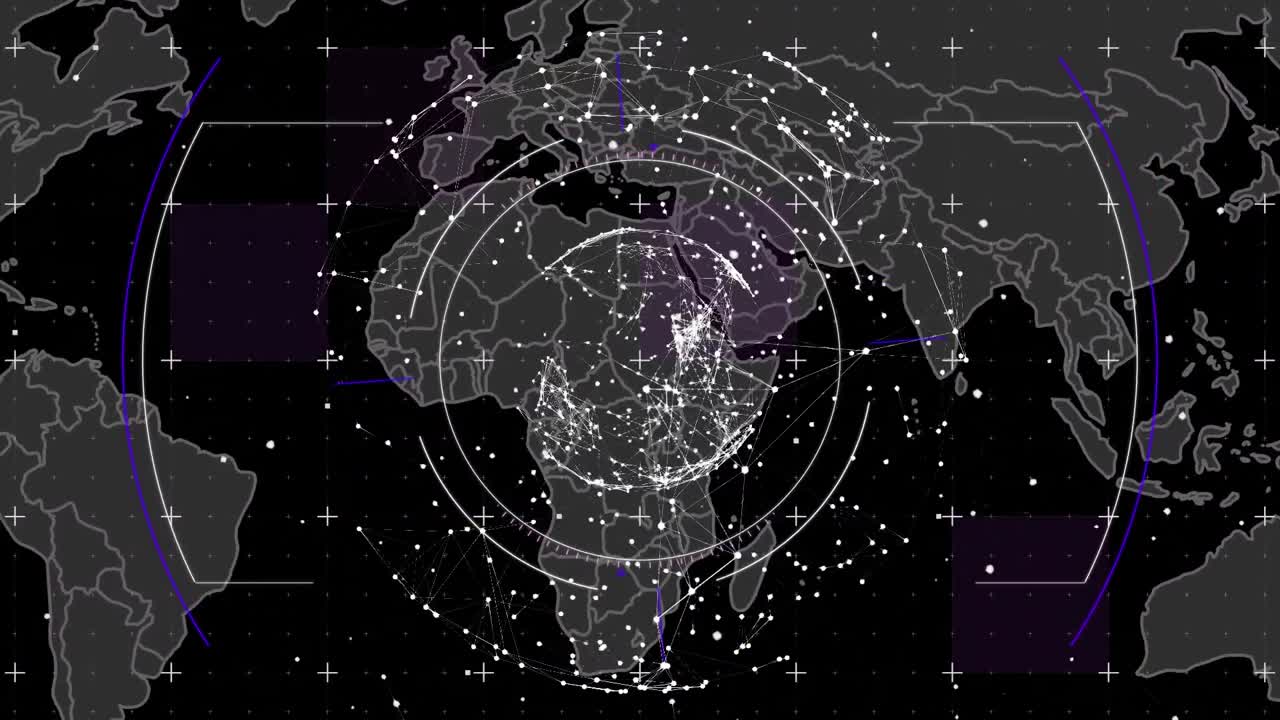 animación de escaneo de alcance y procesamiento de datos sobre el mapa del mundo