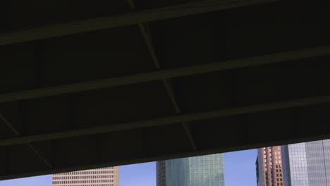 Low-angle-aerial-view-of-skyscrapers-in-downtown-Houston